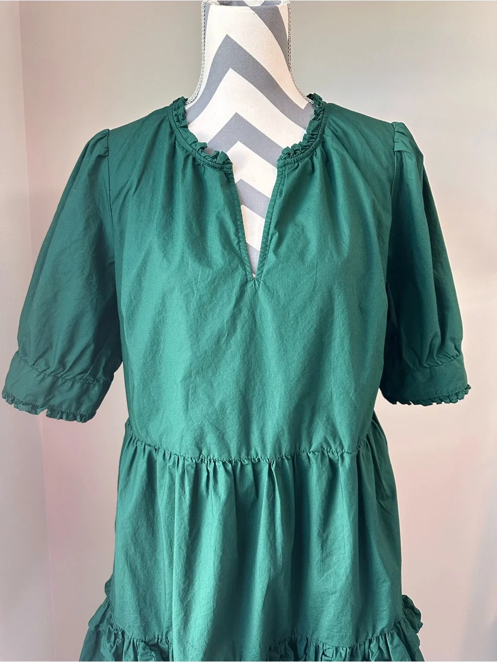 J.Crew Dark Green Cotton Tiered Mini Dress Split Neck Puff Sleeve Ruffle Medium